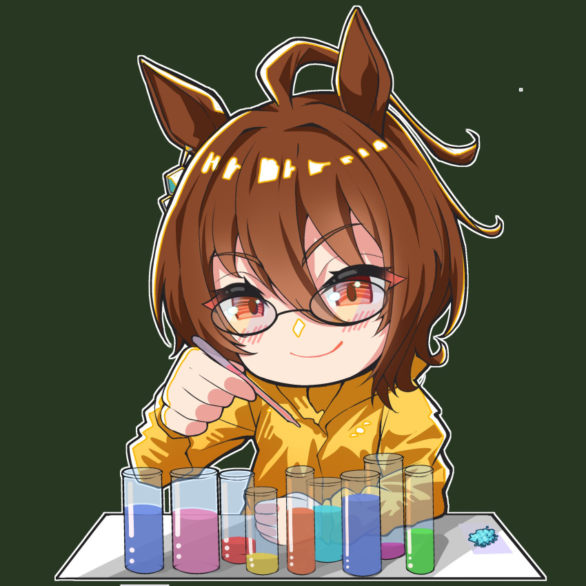 1girl, agnes_tachyon_(umamusume), ahoge, animal_ears, black-framed_eyewear, brown_hair, closed_mouth, commentary