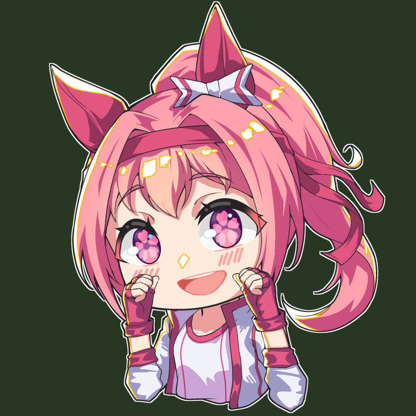 1girl, :d, animal_ears, blush, chibi, commentary, cropped_torso, fingerless_gloves