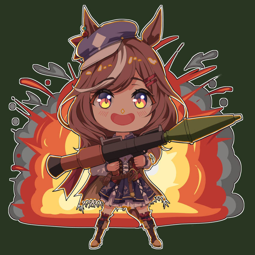 1girl, :d, animal_ears, blue_hat, blue_skirt, boots, brown_boots, brown_hair
