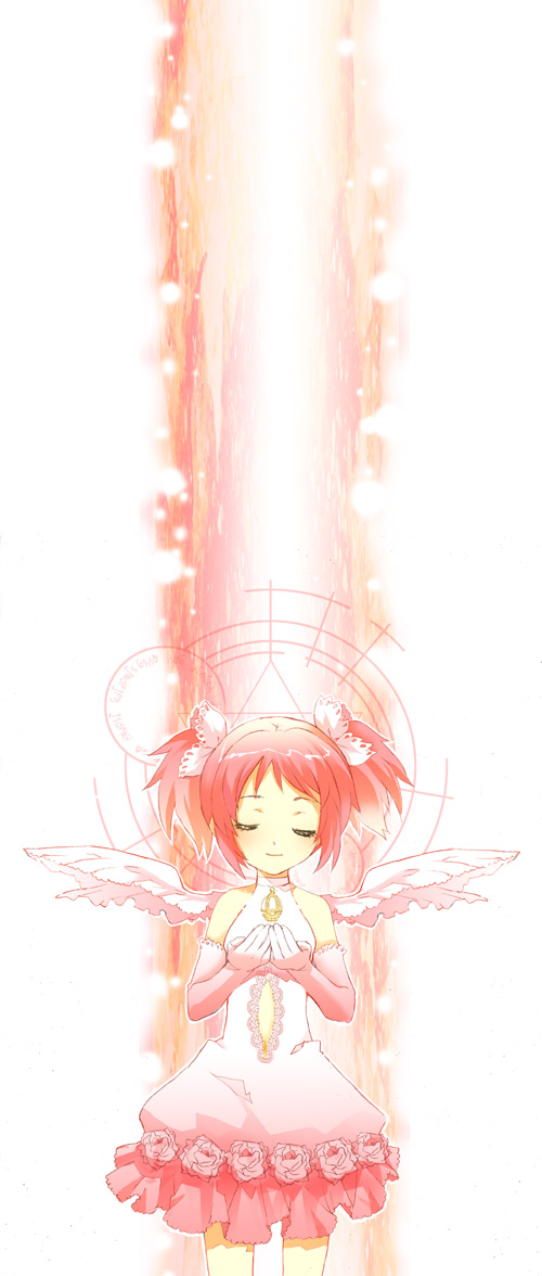 alternate_costume, bad_id, bare_shoulders, closed_eyes, dress, gloves, goddess_madoka, hair_bow
