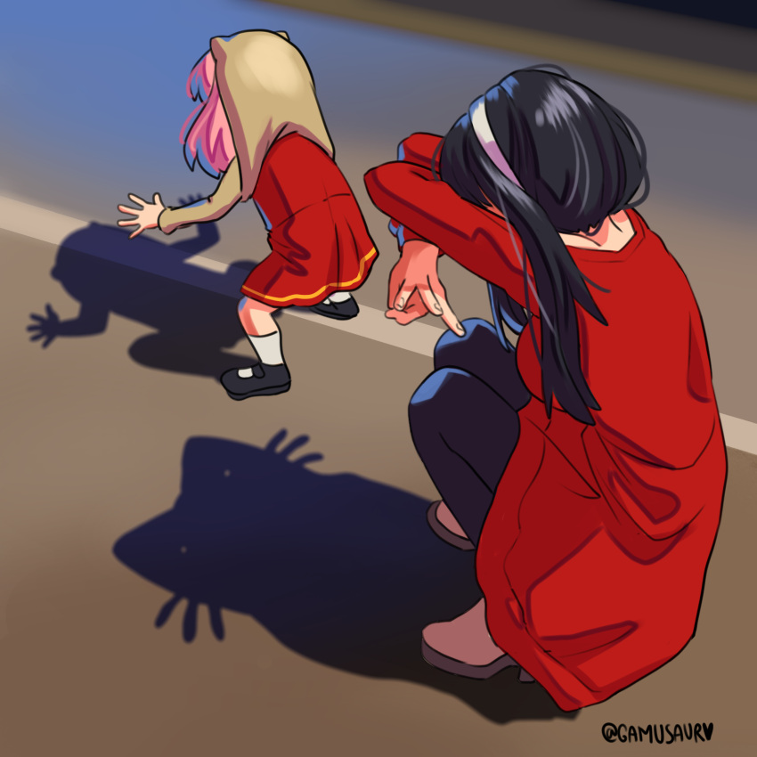 2girls, anya_(spy_x_family), black_hair, black_pantyhose, black_shoes, breasts, brown_shoes, cat_shadow_puppet_(meme)