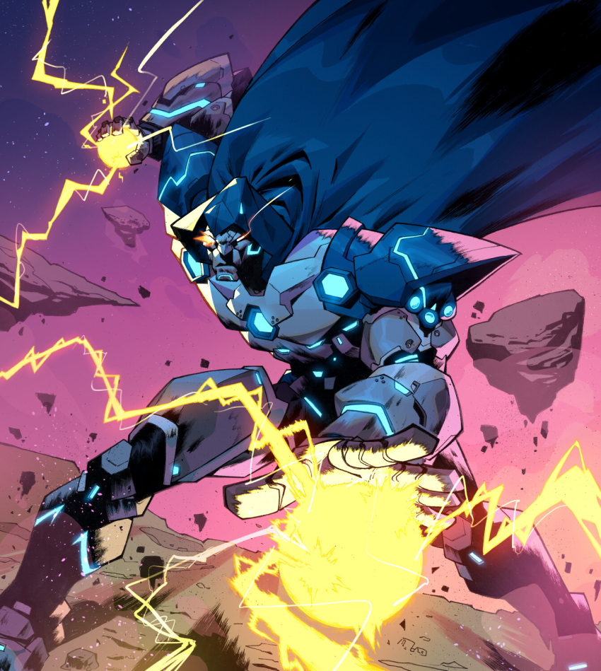 1boy, armor, blue_cape, blue_hood, cape, debris, doctor_doom, doom_2099