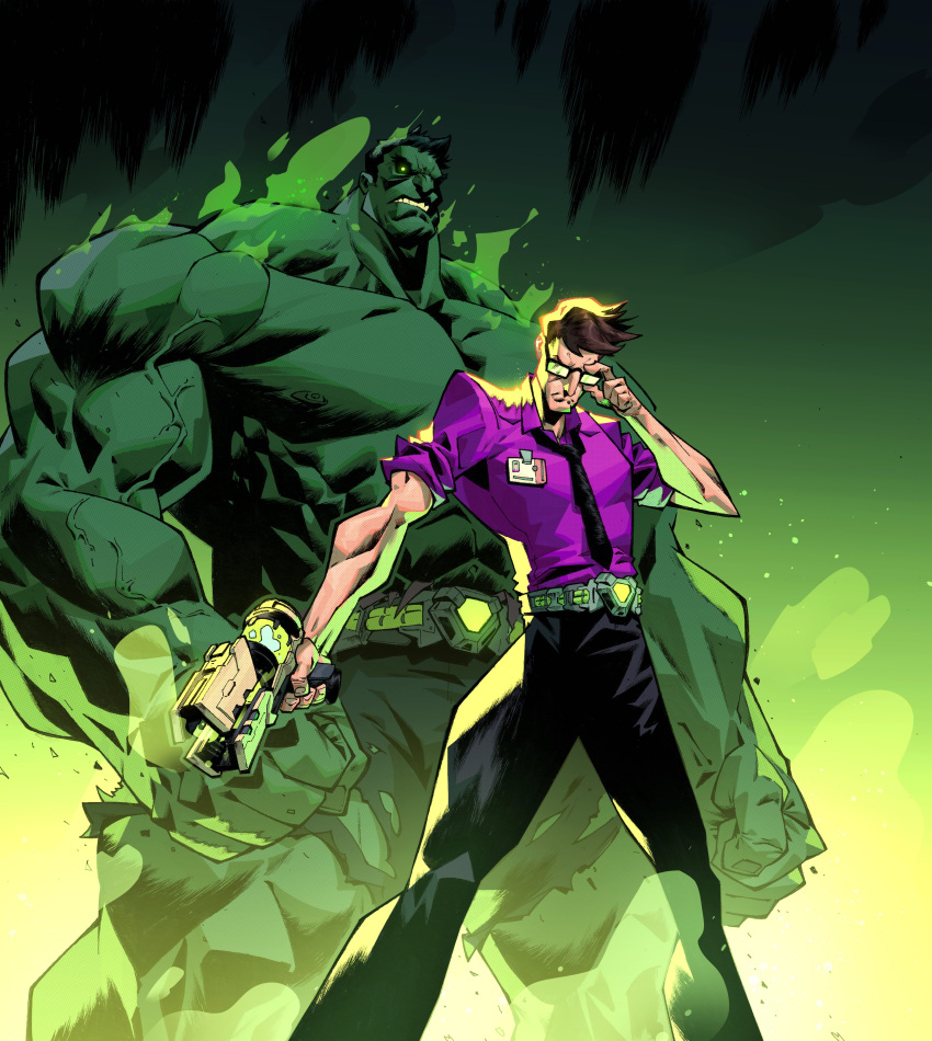 2boys, absurdres, avengers_(series), belt, black_hair, black_pants, brown_hair, bruce_banner
