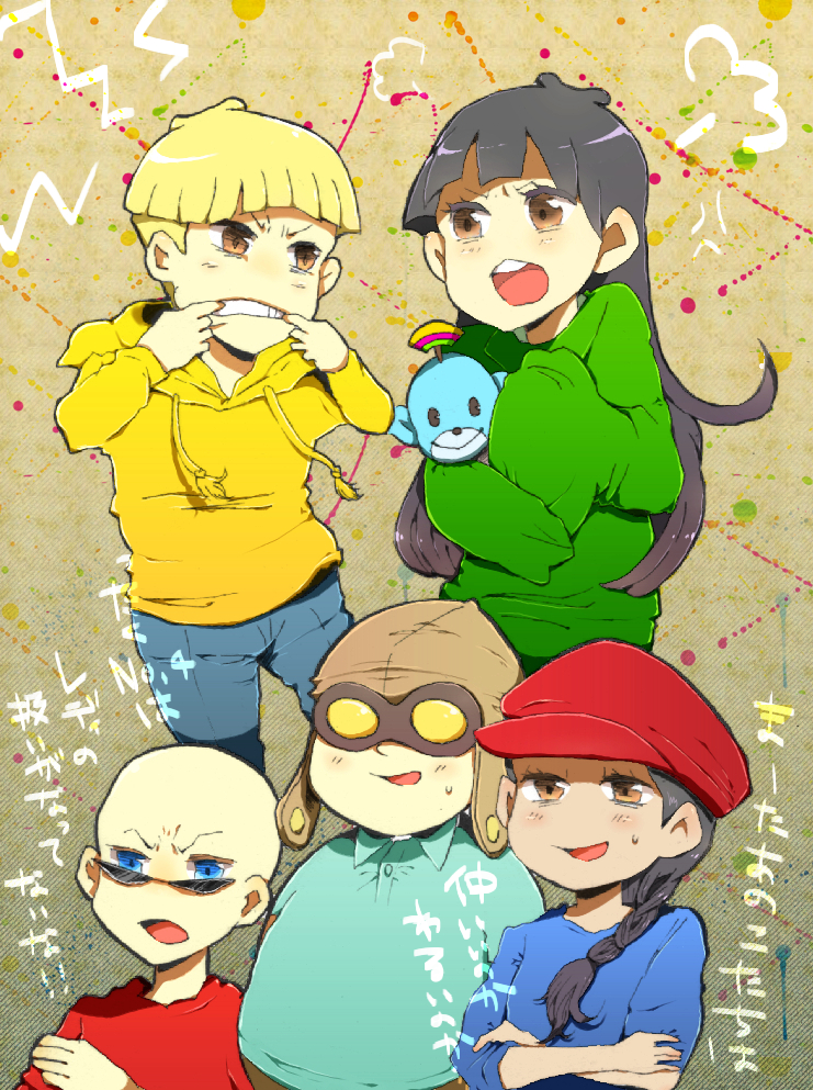 2girls, 3boys, animification, bald, black_hair, blonde_hair, braid, child