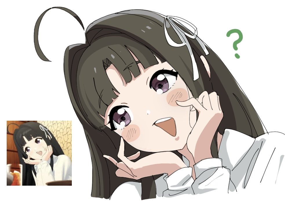 1girl, ?, ahoge, awa_subaru, black_hair, blush_stickers, collared_shirt, cropped_shoulders