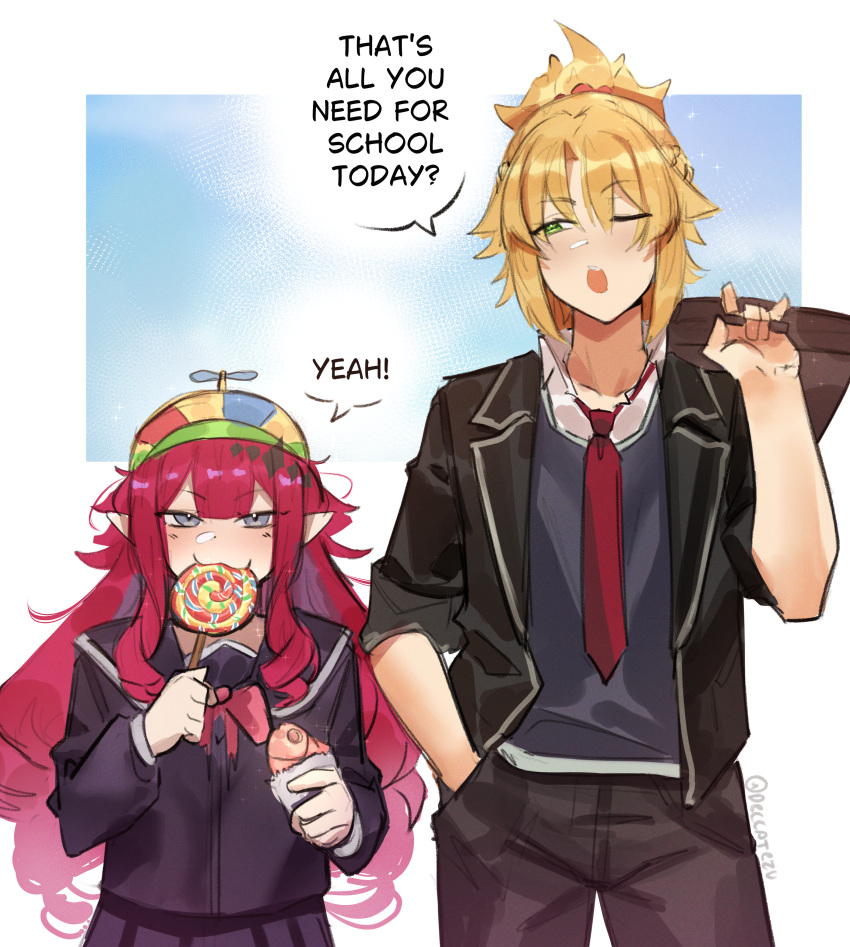 2girls, absurdres, aged_down, baobhan_sith_(fate), blonde_hair, blush, candy, deccatezu