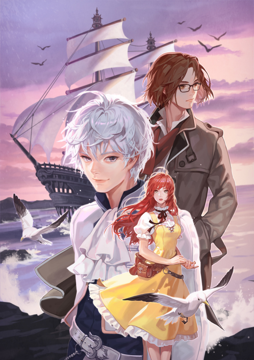 1girl, 2boys, absurdres, ascot, belt, belt_buckle, bird, black-framed_eyewear