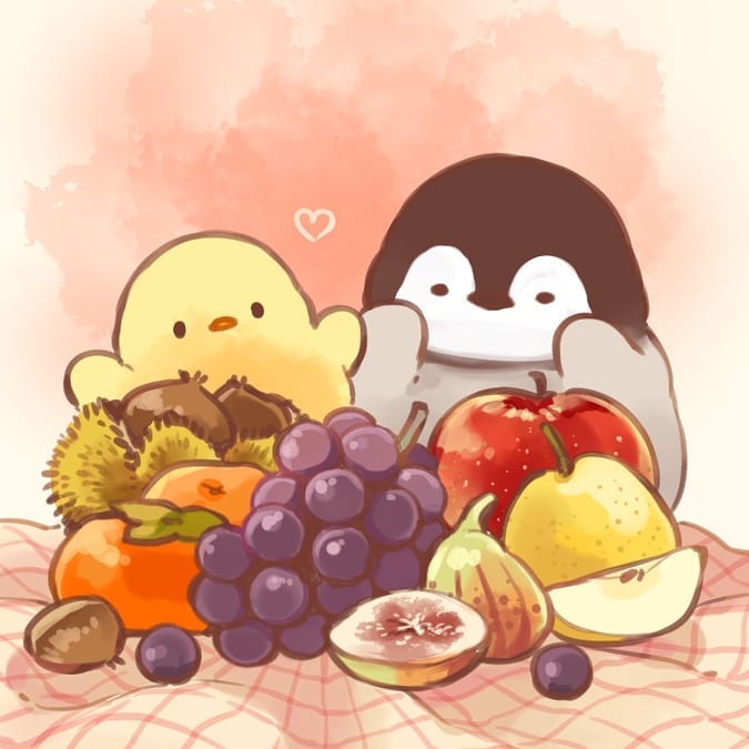 animal_focus, apple, baby_animal, beak, bird, black_eyes, chick, commentary_request