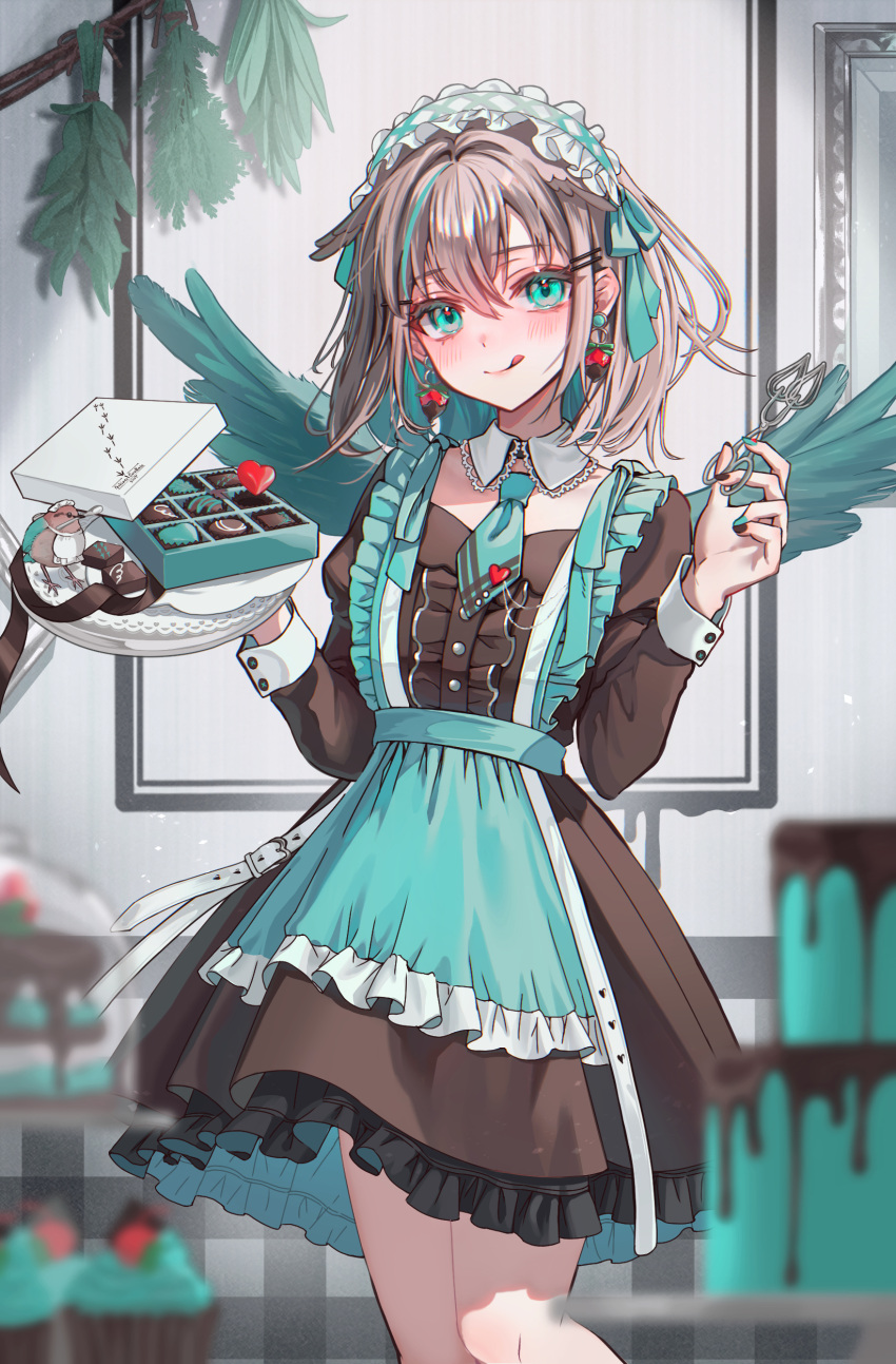 1girl, :q, absurdres, apron, blush, box, box_of_chocolates, brown_dress