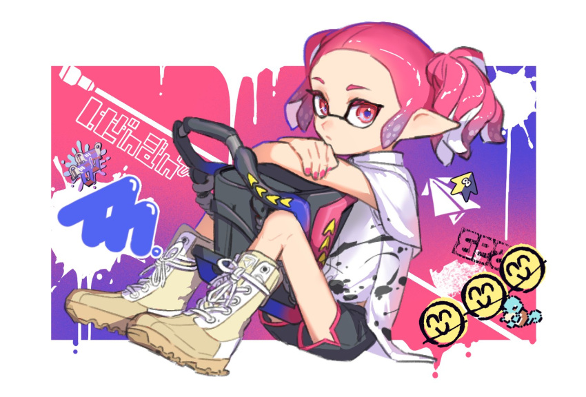 1girl, black_shorts, boots, border, closed_mouth, commentary_request, dolphin_shorts, full_body