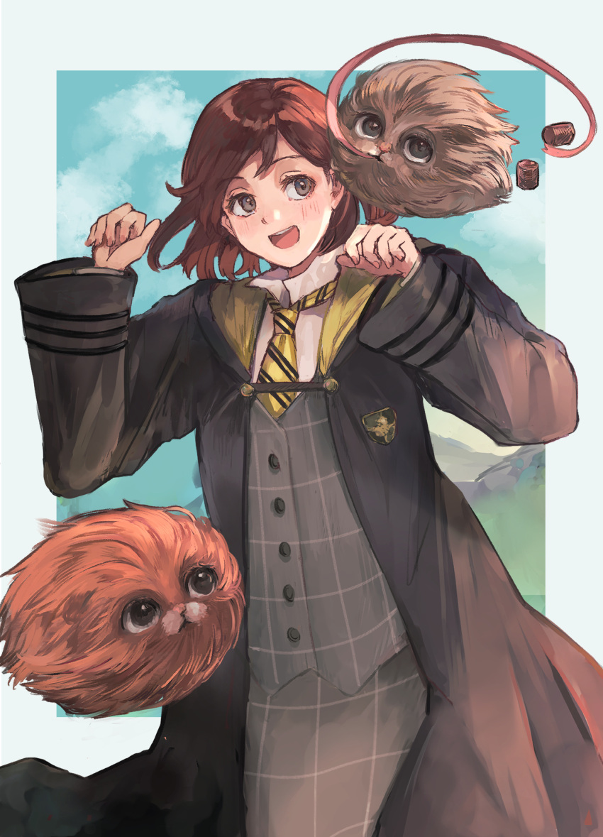 1girl, absurdres, blue_sky, blush, border, brown_eyes, brown_hair, buttons, clouds, collared_shirt, commentary_request, creature, food, highres, hogwarts_legacy, hogwarts_school_uniform, hufflepuff, jikkentai_(zol8529), mixed-language_commentary, necktie, outside_border, poppy_sweeting, puffskein, school_uniform, shirt, sky, smile, teeth, tongue, tongue_out, upper_teeth_only, white_border, white_shirt, wide_sleeves, wizarding_world, yellow_necktie