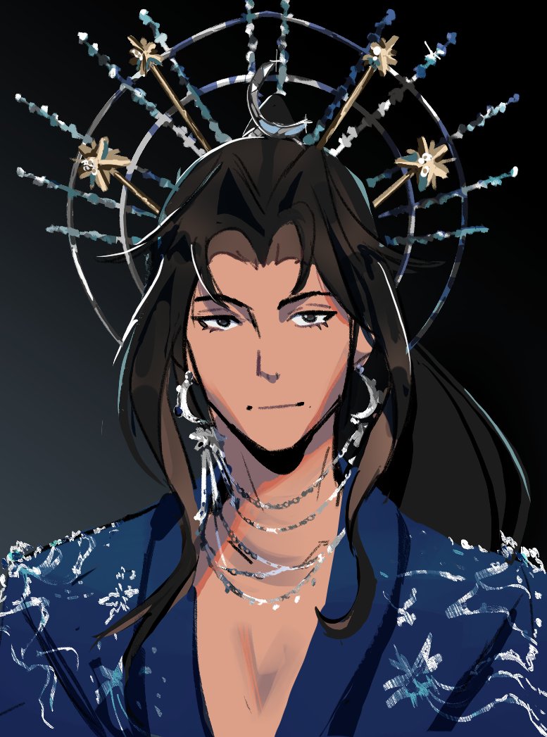 1boy, black_background, black_eyes, black_hair, blue_jacket, closed_mouth, collarbone, commentary