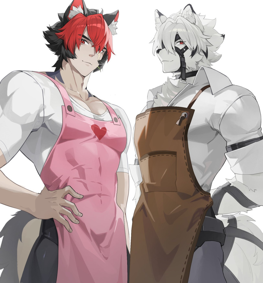 2boys, animal_ear_fluff, animal_ears, apron, black_hair, black_pants, closed_mouth, collarbone