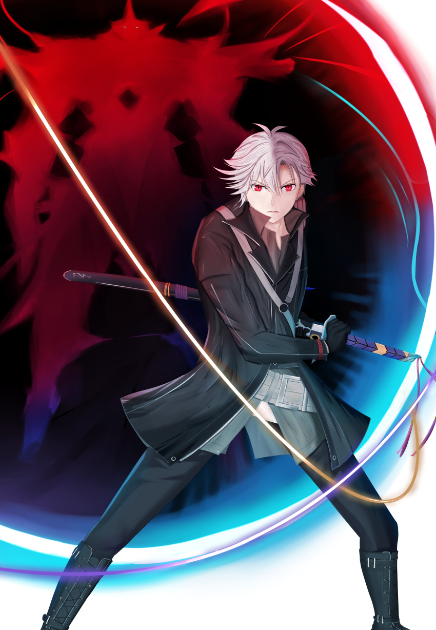 1boy, 1other, absurdres, boots, coat, commission, eiyuu_densetsu, english_commentary, hair_between_eyes, highres, holding, holding_sheath, holding_sword, holding_weapon, katana, looking_at_viewer, mecha, parted_bangs, pommel_tassel, rean_schwarzer, red_eyes, robot, sen_no_kiseki_(series), sen_no_kiseki_iv, sheath, short_hair, sword, unsheathing, valimar, vnartch, weapon, white_hair, wing_collar