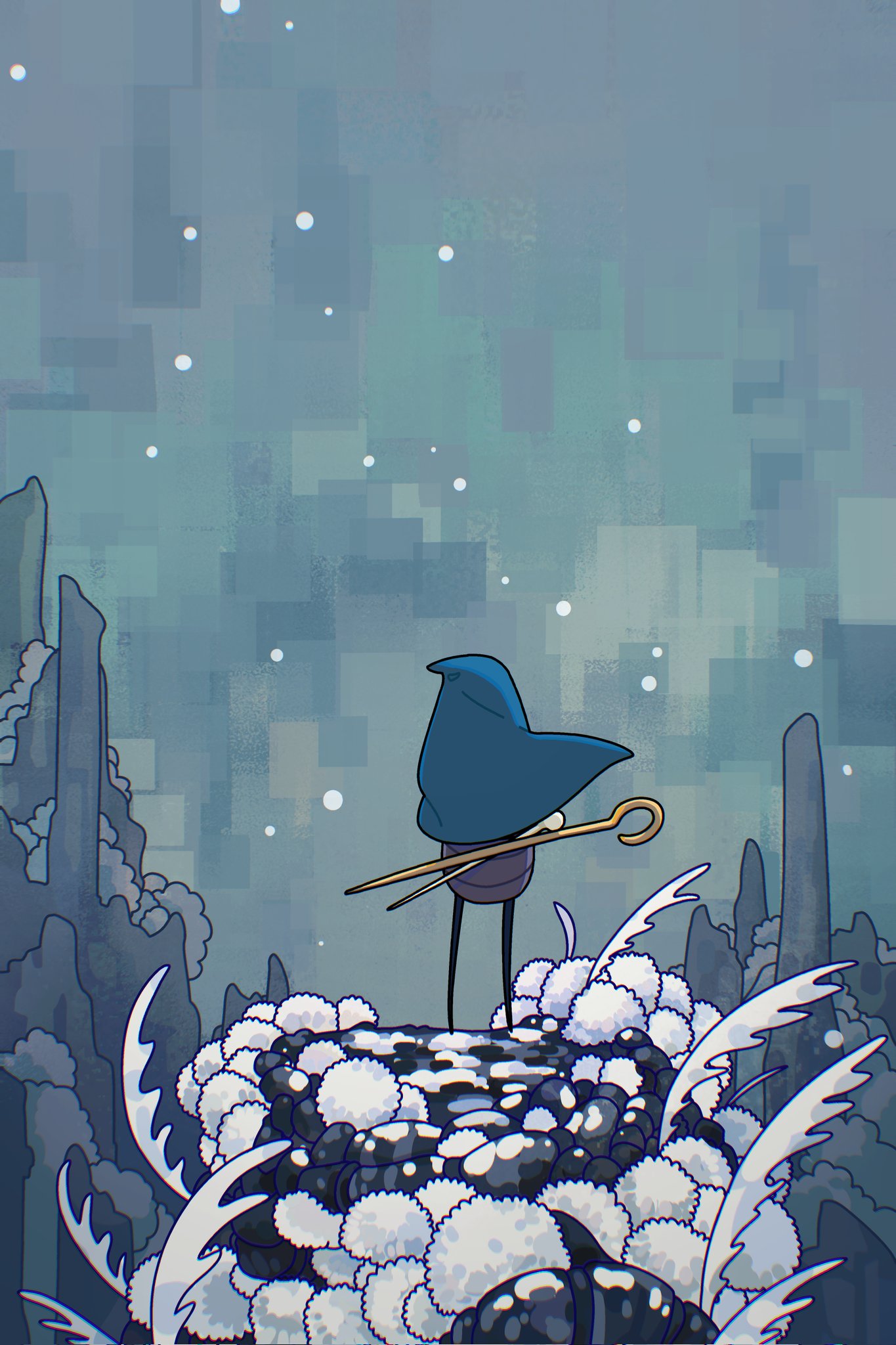 1girl, arthropod_girl, blue_cloak, cloak, commentary, from_behind, gaaaaaldpenzi, highres, holding, holding_weapon, hollow_knight, hollow_knight:_silksong, hood, hooded_cloak, in-universe_location, outdoors, pin_(hollow_knight), pinstress_(hollow_knight), snowing, solo, standing, symbol-only_commentary, weapon