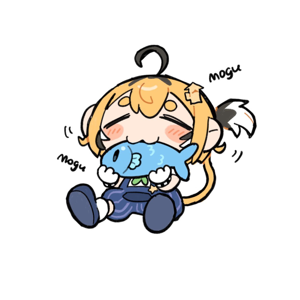 2girls, :3, animal, blue_overalls, chewing, chibi, closed_eyes, dooby