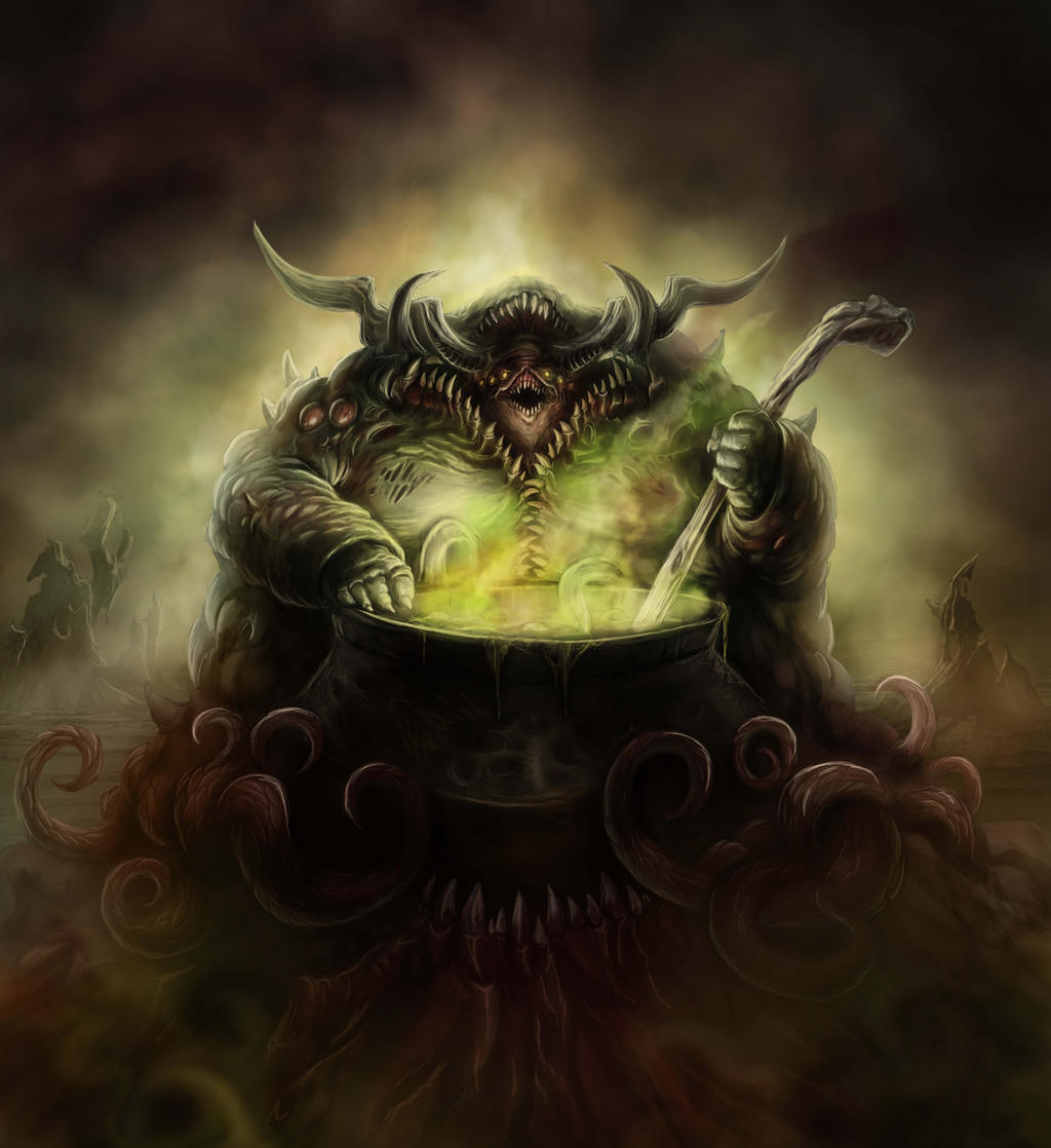 1boy, baklaher, body_horror, cauldron, chaos_(warhammer), chaos_god, colored_skin, curled_horns, damaged_skin, decay, decaying_skin, demon_horns, disease, eldritch_abomination, fat, fingernails, flesh, fog, garden_of_nurgle, green_eyes, holding, holding_ladle, horns, horror_(theme), ladle, looking_at_viewer, multiple_horns, nurgle, open_mouth, pust, pustules, rotting, sharp_fingernails, sharp_teeth, smegma, spikes, stirring, swollen, teeth, tentacles, warhammer_40k