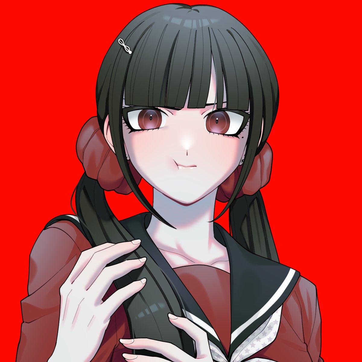 1girl, black_hair, black_sailor_collar, danganronpa_(series), danganronpa_v3:_killing_harmony, hair_ornament, hairclip, hands_up