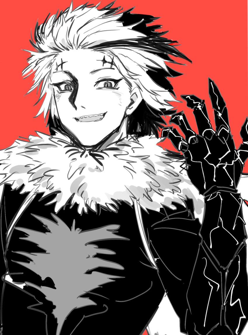 1boy, gashadokuro_(nue_no_onmyouji), gauntlets, hair_slicked_back, highres, minorun9, monochrome, multicolored_hair, nue_no_onmyouji, sharp_teeth, sketch, streaked_hair, teeth