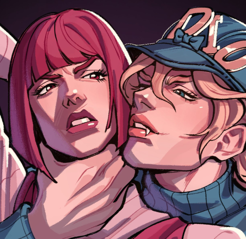 1boy, 1girl, arm_behind_head, arm_up, black_background, blonde_hair, blue_bow, blue_eyes, blue_helmet, blue_sweater, bob_cut, bow, breasts, clenched_teeth, close-up, clothing_cutout, diego_brando, fang, fangs, fingernails, flower_ornament, gentleslowdance, grey_shirt, hand_on_another's_neck, hashtag-only_commentary, hat, hat_bow, helmet, hetero, hot_pants_(sbr), jojo_no_kimyou_na_bouken, long_sleeves, medium_hair, no_gloves, no_headwear, one_eye_closed, pink_hair, pink_lips, red_eyes, sharp_fingernails, shirt, short_hair, shoulder_cutout, steel_ball_run, strangling, sweater, teeth, turtleneck, turtleneck_sweater