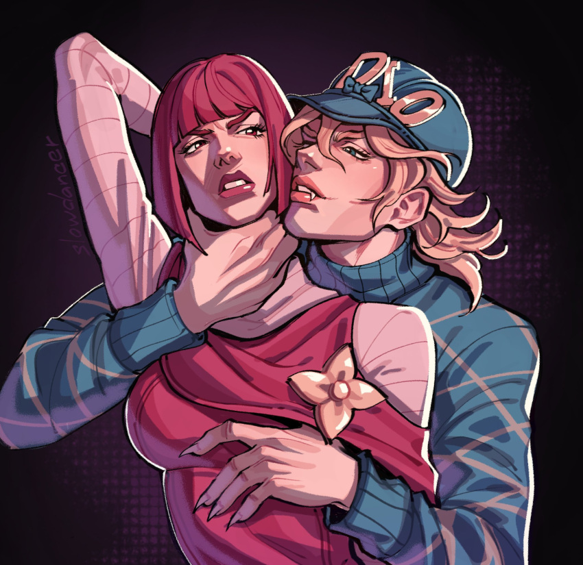 1boy, 1girl, argyle_clothes, argyle_sweater, arm_behind_head, arm_up, black_background, blonde_hair