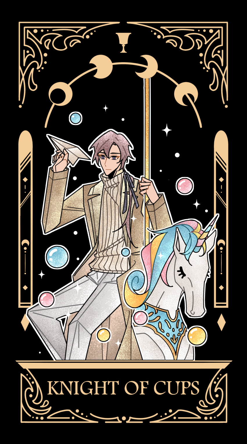 1boy, absurdres, black_background, brown_coat, brown_hair, bubble, card_(medium), carousel