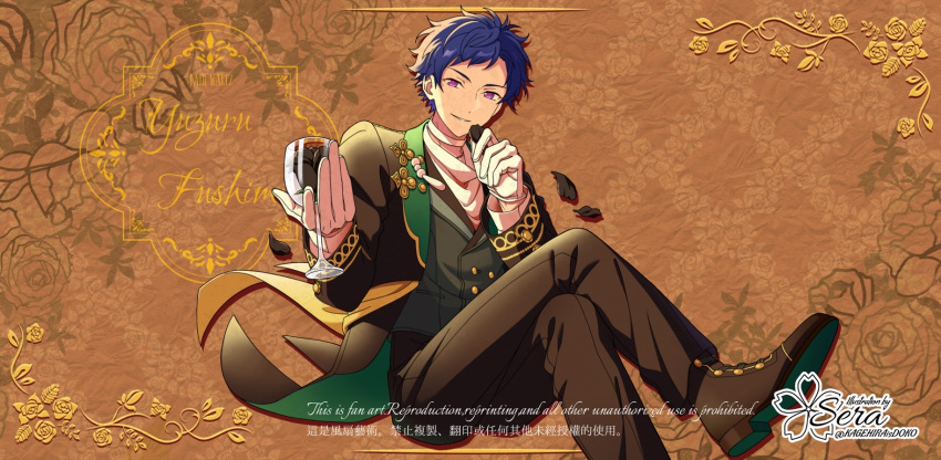1boy, artist_name, black_shoes, blue_hair, character_name, choker, commentary, crossed_legs, cup, drinking_glass, ensemble_stars!, fair_waltz_(ensemble_stars!), flower, full_body, fushimi_yuzuru, gloves, hand_up, highres, holding, holding_cup, invisible_chair, jacket, kagehira_wa_doko_ka_ne!, lapels, long_sleeves, looking_at_viewer, male_focus, mole, mole_under_eye, official_alternate_costume, open_clothes, open_jacket, rose, shawl_lapels, shoes, short_bangs, short_hair, sitting, smile, solo, twitter_username, violet_eyes, white_choker, white_gloves, wine_glass