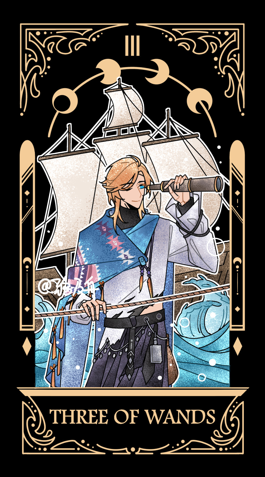 1boy, ;), absurdres, aqua_eyes, belt, black_background, black_belt, black_pants, blonde_hair, blue_cloak, card_(medium), cloak, cowboy_shot, curtained_hair, english_text, feather_necklace, hand_up, highres, hip_flask, holding, holding_rope, holding_telescope, jewelry, lars_rorschach, lars_rorschach_(eden), long_sleeves, looking_at_object, lovebrush_chronicles, male_focus, medium_hair, midriff_peek, moon_phases, necklace, ocean, one_eye_closed, outline, pants, roman_numeral, rope, ship, shirt, simple_background, smile, solo, spyglass, standing, tarot, tarot_(medium), telescope, three_of_wands, turtleneck, turtleneck_shirt, undershirt, waist_cape, wallet_chain, watercraft, white_outline, white_shirt, ya_ji_zhou