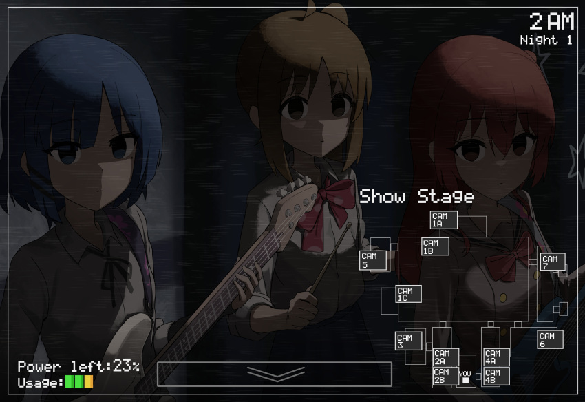3girls, absurdres, ahoge, battery_indicator, blonde_hair, blue_hair, bocchi_the_rock!, five_nights_at_freddy's