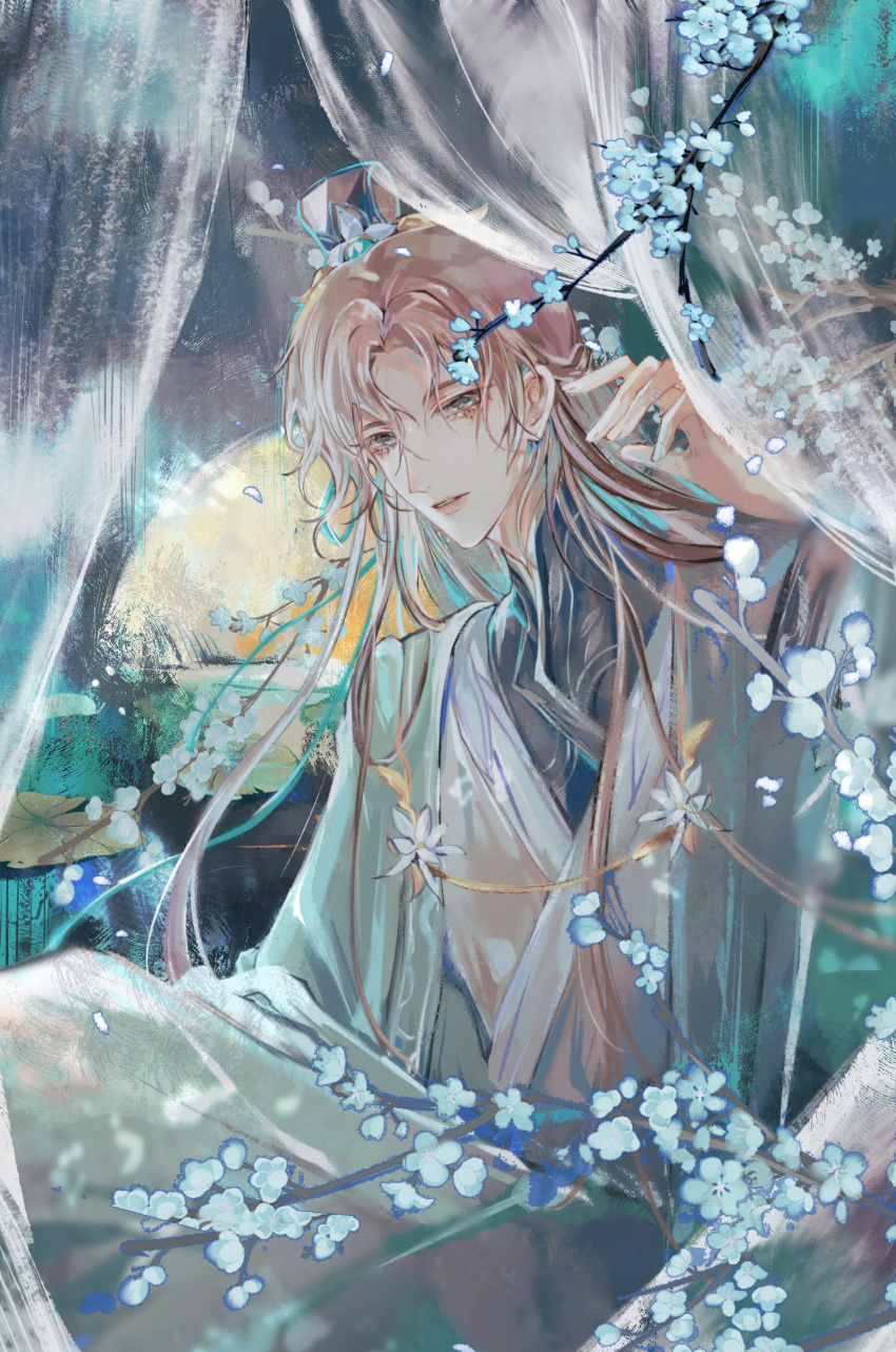 1boy, absurdres, aqua_coat, black_shirt, blue_flower, branch, brown_hair, chashuimeifiom, chinese_clothes, chinese_commentary, coat, curtained_hair, curtains, daxiushan, feet_out_of_frame, flower, full_moon, green_eyes, hand_up, hanfu, highres, hua_yi_shanxin_zhiyue, lips, long_hair, long_sleeves, looking_at_viewer, lotus_leaf, male_focus, mole, mole_under_eye, moon, night, open_clothes, open_coat, parted_bangs, parted_lips, robe, see-through_curtains, shirt, sideways_glance, sitting, solo, sweater_guard, water, white_hanfu, white_robe, wide_sleeves, xiao_guan_(headdress), yu_ze