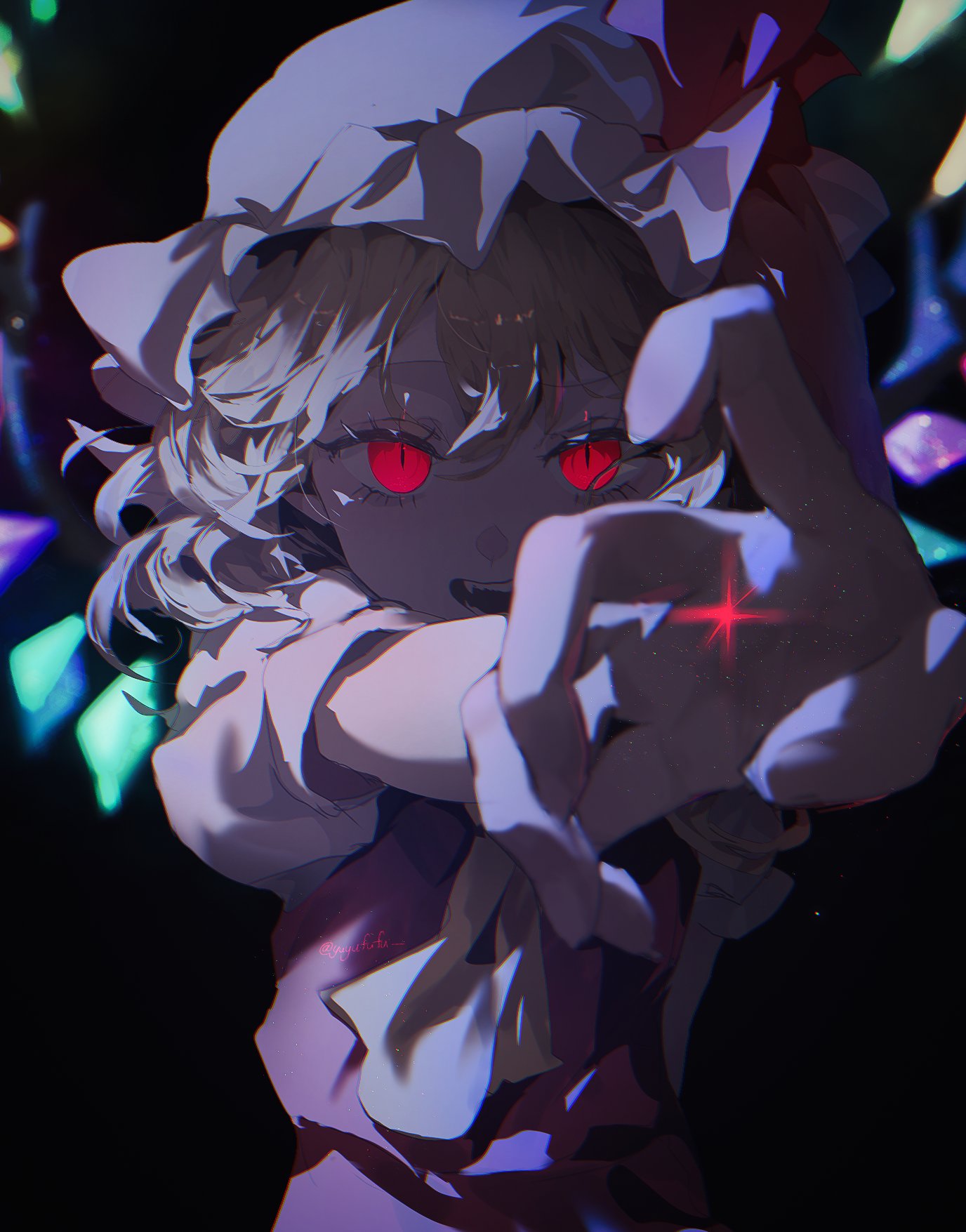 1girl, ascot, blonde_hair, blush, bow, crystal, flandre_scarlet, hat