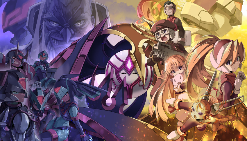 4girls, 6+boys, absurdres, alouette_(mega_man), android, armor, blonde_hair, cerveau_(mega_man)