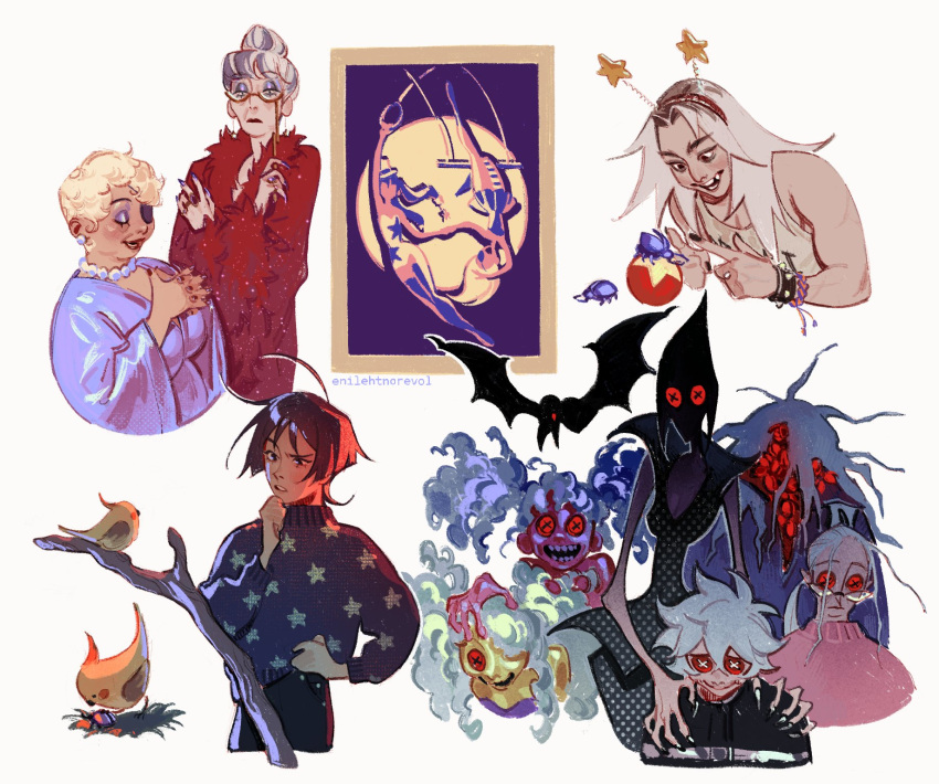 4boys, 6+girls, aged_down, aged_up, ahoge, alternate_design, alternate_hairstyle, arataki_itto, artist_name, backlighting, ball, beetle, bird, black_dress, black_eyes, black_jacket, black_nails, black_pants, black_roots, blonde_hair, blue_hair, blue_sweater, blunt_ends, bracelet, branch, bug, button_eyes, buttons, child, coraline_(movie), coraline_jones, coraline_jones_(cosplay), cosplay, cropped_torso, curly_hair, dottore_(genshin_impact), dress, earrings, english_commentary, enilehtnorevol, eyepatch, eyeshadow, fat, fingernails, firefighter_jacket, fischl_(genshin_impact), fur_robe, hair_bun, hairband, hand_on_own_chest, hand_on_own_chin, hand_on_own_hip, hands_on_another's_shoulders, highres, jacket, jewelry, long_fingernails, looking_at_another, lorgnette, makeup, mona_(genshin_impact), multicolored_hair, multiple_boys, multiple_girls, necklace, old, old_woman, other_mother, pants, parrot, parted_bangs, parted_lips, pearl_earrings, pearl_necklace, pixie_cut, polka_dot, polka_dot_dress, poster_(object), purple_eyeshadow, purple_hair, purple_robe, raised_eyebrows, red_hairband, red_robe, ring, robe, roots_(hair), sad, scaramouche_(genshin_impact), short_hair, single_hair_bun, skinny, star_(symbol), star_print, studded_bracelet, sweater, tan, tank_top, tartaglia_(genshin_impact), thinking, two-tone_hair, white_hair, white_tank_top, wybie_lovat, wybie_lovat_(cosplay)