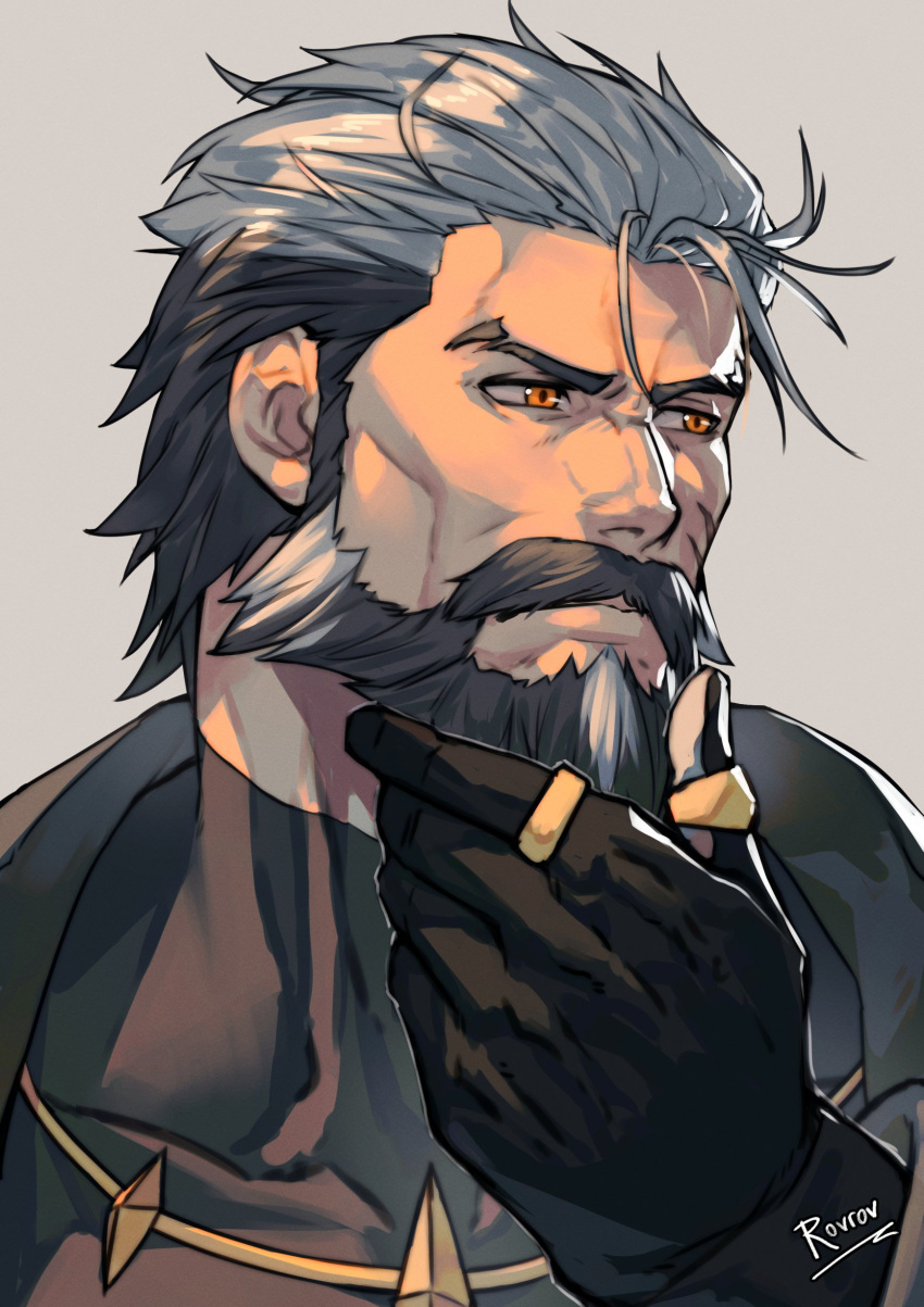 1boy, absurdres, artist_name, beard, black_beard, black_gloves, black_hair, closed_mouth