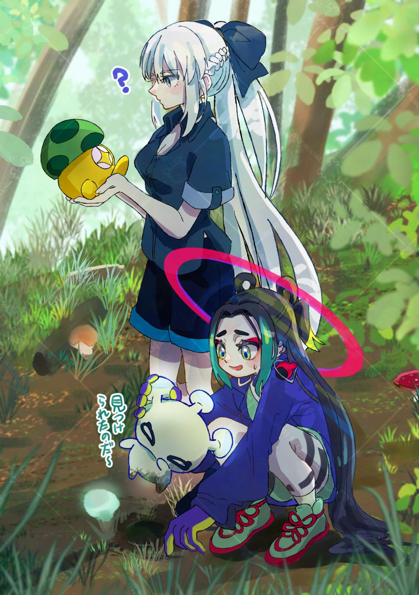 2girls, black_bow, blue_eyes, blush, bow, braid, con_(fate), fate/grand_order, fate_(series), green_eyes, hair_between_eyes, hair_bow, half_up_braid, highres, long_hair, long_sleeves, morgan_le_fay_(fate), multiple_girls, nao_oppaisukiii, ponytail, shoes, short_sleeves, standing, very_long_hair