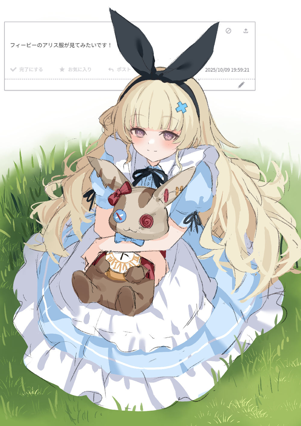 1girl, alice's_adventures_in_wonderland, alice_(alice_in_wonderland), alice_(alice_in_wonderland)_(cosplay), apron, black_hairband, black_ribbon, blonde_hair, blue_dress, blush, closed_mouth, commentary_request, cosplay, dress, hair_ornament, hair_ribbon, hairband, highres, holding, holding_stuffed_toy, kuramoto_beta-carotene, long_dress, long_hair, looking_at_viewer, lottie_lost_(wuthering_waves), odaibako, on_grass, phoebe_(wuthering_waves), ribbon, short_sleeves, sitting, smile, split_mouth, stuffed_toy, tacet_discord_(wuthering_waves), translation_request, very_long_hair, violet_eyes, wuthering_waves, x_hair_ornament
