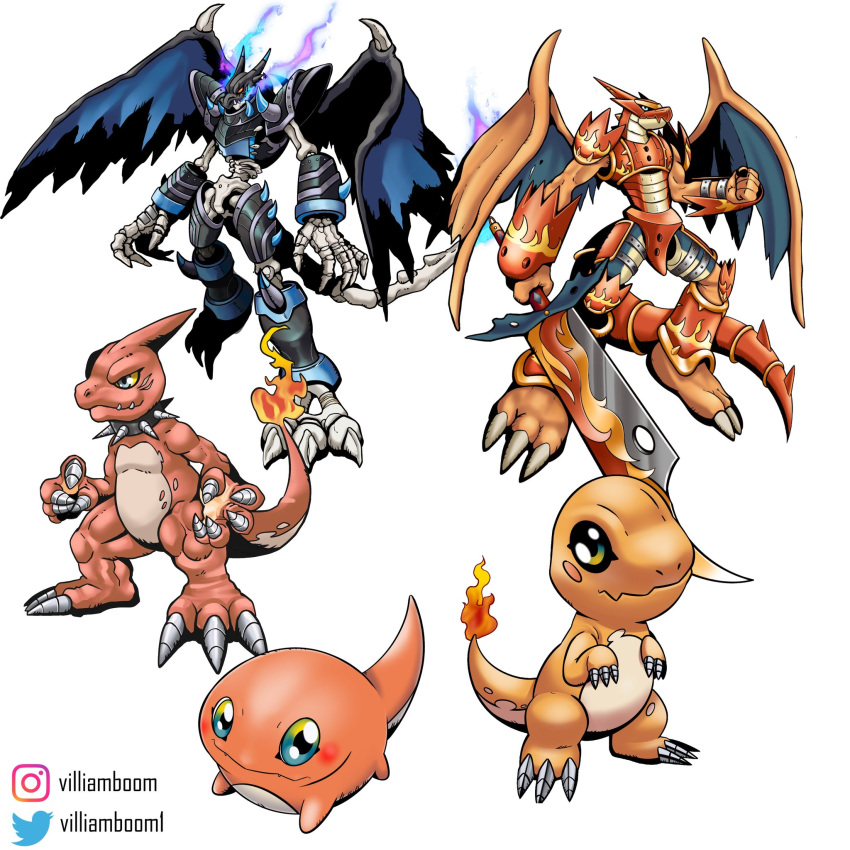 armor, blue_fire, charizard, charmander, charmeleon, claws, collar, digimon