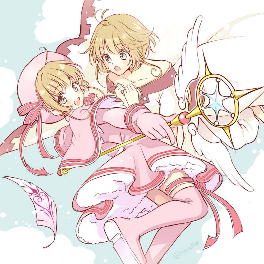 2girls, :d, ahoge, antenna_hair, bare_shoulders, boots, brown_hair, capelet, cardcaptor_sakura, choppy_bangs, clouds, collarbone, creator_connection, crossover, day, dress, feathers, floating, floating_clothes, foot_out_of_frame, from_below, from_side, gloves, green_eyes, hair_between_eyes, hat, hat_ribbon, highres, holding, holding_wand, kinomoto_sakura, kinomoto_sakura_(silk_ribbon), kurabayashi, leg_ribbon, light_blush, long_dress, long_sleeves, look-alike, looking_at_another, looking_at_viewer, looking_to_the_side, magical_girl, multiple_girls, off-shoulder_dress, off_shoulder, outstretched_arm, own_hands_together, pants, pants_under_dress, petticoat, pink_boots, pink_capelet, pink_dress, pink_gloves, pink_hat, pink_ribbon, ribbon, sakura_hime, shoe_soles, shoes, short_dress, short_hair, sleeve_cuffs, smile, standing, standing_on_one_leg, striped_ribbon, thigh_boots, thigh_ribbon, tsubasa_chronicle, wand, white_dress, white_pants, white_shoes, yume_no_tsue