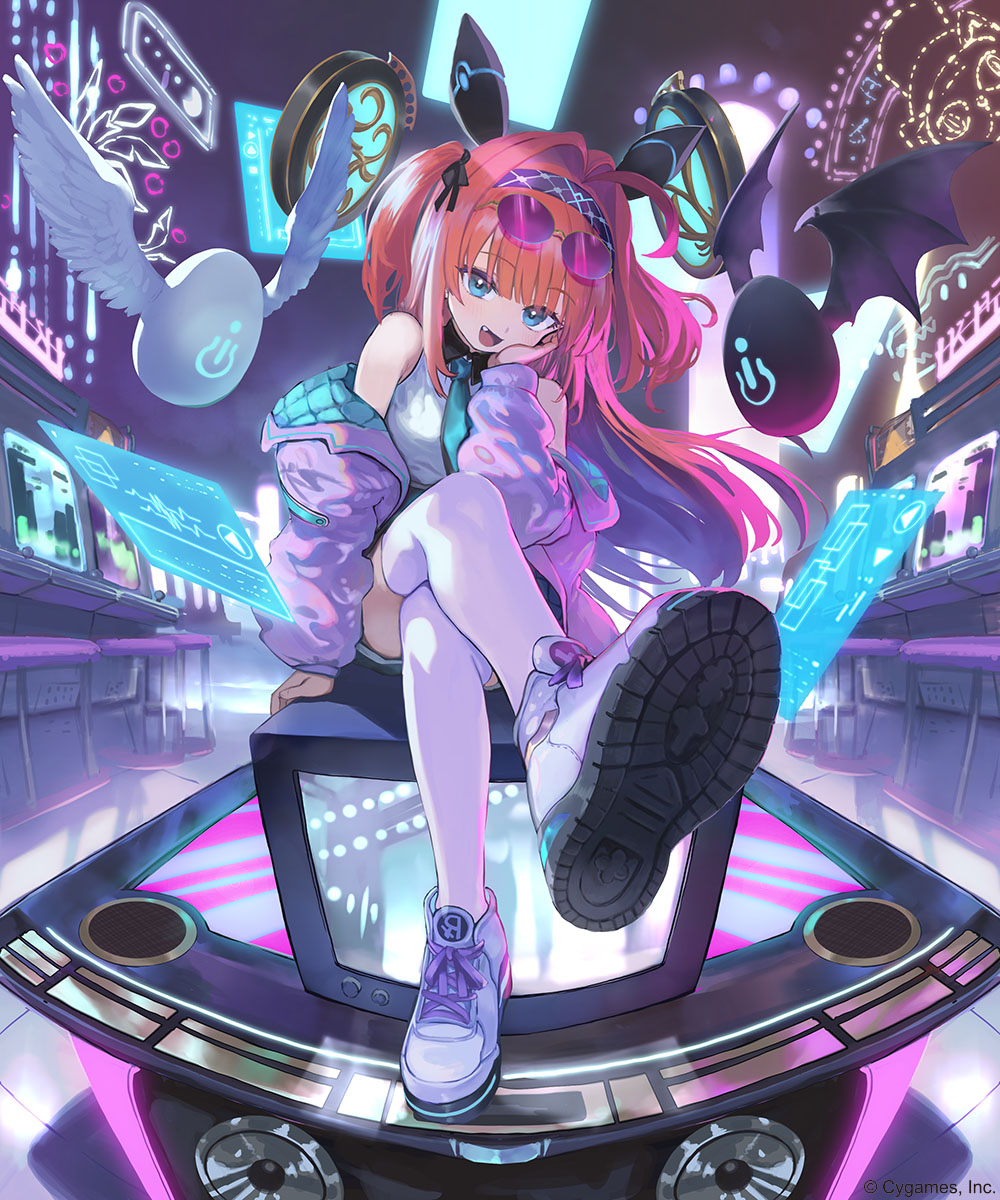1girl, blue_eyes, copyright_request, egg, fang, floating, flying, highres