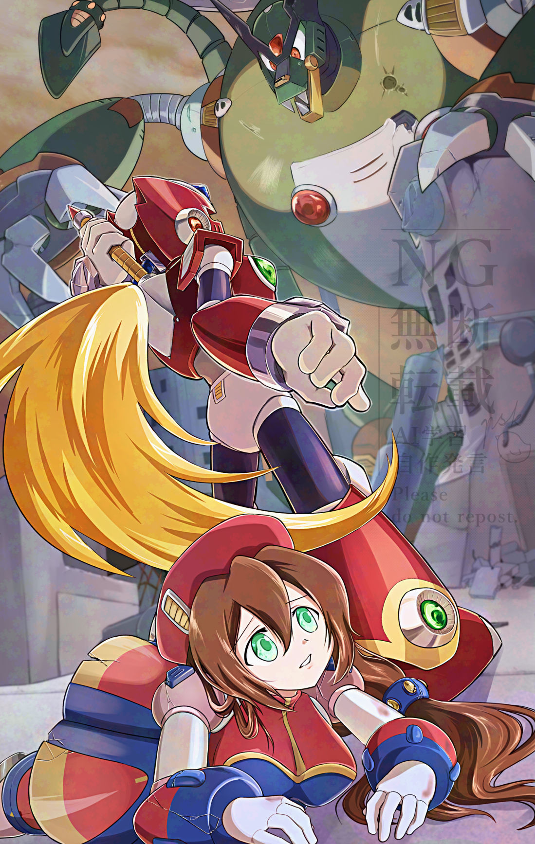 1boy, 1girl, 2boys, android, armor, battle_damage, beret, blonde_hair, breasts, brown_hair, chest_jewel, clenched_teeth, dirt, dragon, dress, energy_sword, eregion_(mega_man), forehead_jewel, full_body, gloves, green_eyes, hat, helmet, highres, holding, holding_sword, holding_weapon, iris_(mega_man), jewelry, large_breasts, long_hair, looking_at_another, low-tied_long_hair, mega_man_(series), mega_man_x4, mega_man_x_(series), multicolored_dress, multiple_boys, non-humanoid_robot, parted_lips, pisuke_(zenmai_jikake), red_armor, red_eyes, red_hat, red_helmet, robot, robot_dragon, robot_ears, robot_girl, standing, sword, teeth, very_long_hair, weapon, white_gloves, z_saber, zero_(mega_man)