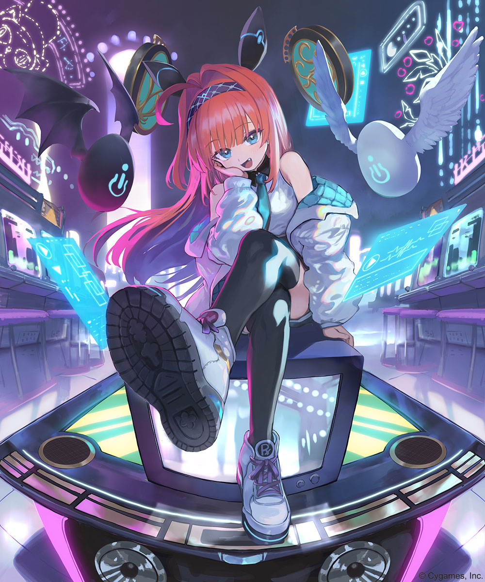 1girl, blue_eyes, character_request, copyright_request, egg, fang, floating, flying