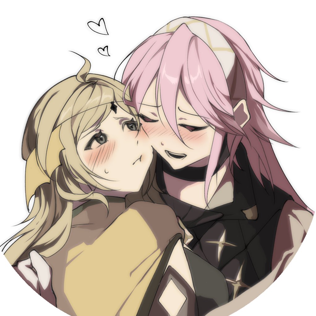 2girls, black_eyes, blonde_hair, blush, closed_eyes, closed_mouth, fire_emblem, fire_emblem_fates, hair_between_eyes, hairband, long_hair, looking_at_another, multiple_girls, open_mouth, ophelia_(fire_emblem), pink_hair, pout, saki_ttx, soleil_(fire_emblem), sweatdrop, upper_body, white_background, yuri