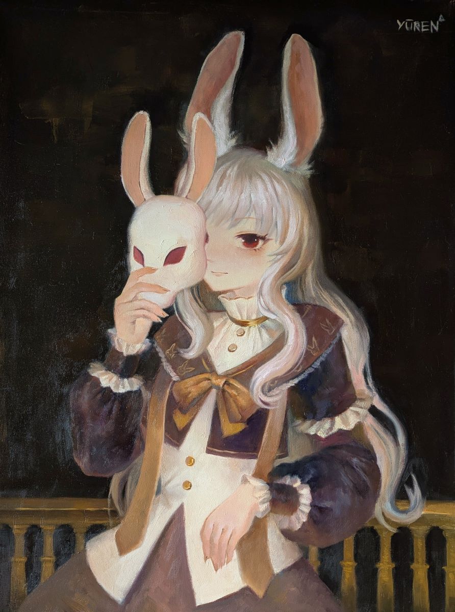 1girl, against_railing, alternate_costume, animal_ears, animal_print, artist_name, black_background, black_skirt