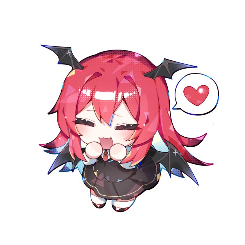 1girl, ^_^, bat_wings, black_shoes, black_skirt, black_vest, blush, chibi