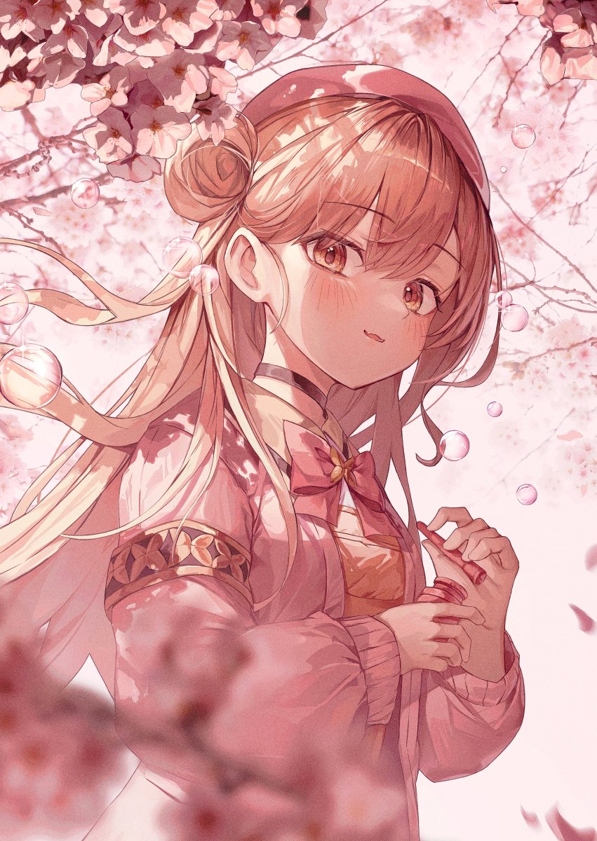 1girl, beret, black_choker, black_survival, blurry, bow, bowtie, cherry_blossoms