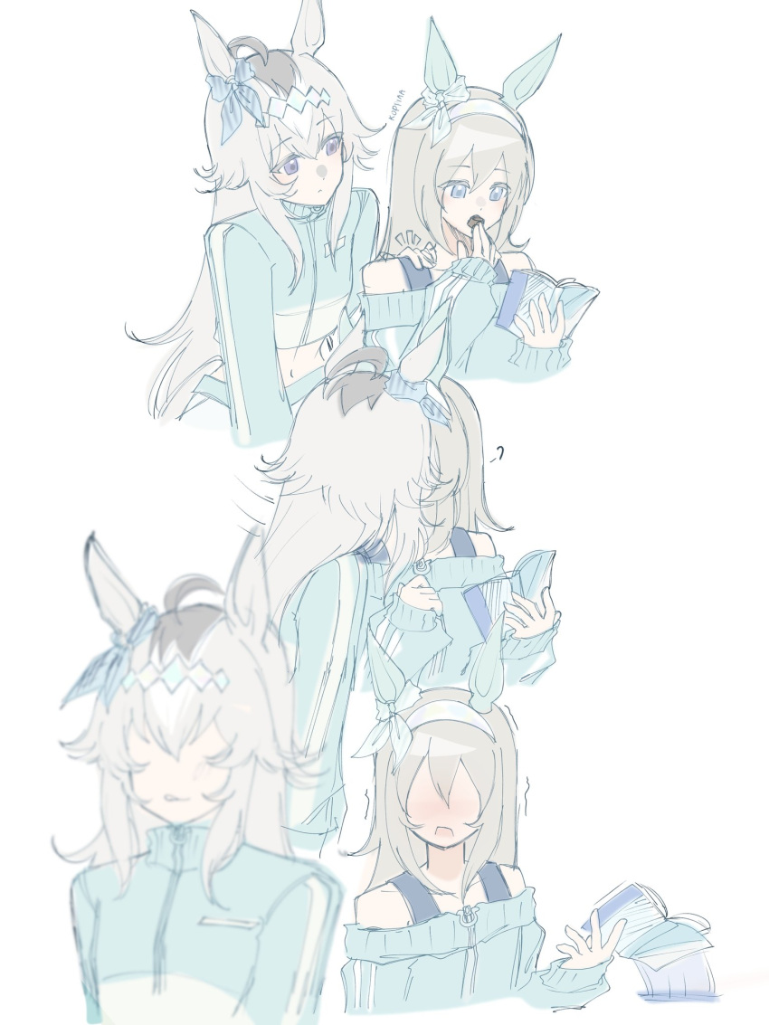 2girls, ?, ahoge, alternate_costume, animal_ears, blue_eyes, blue_jacket, blush