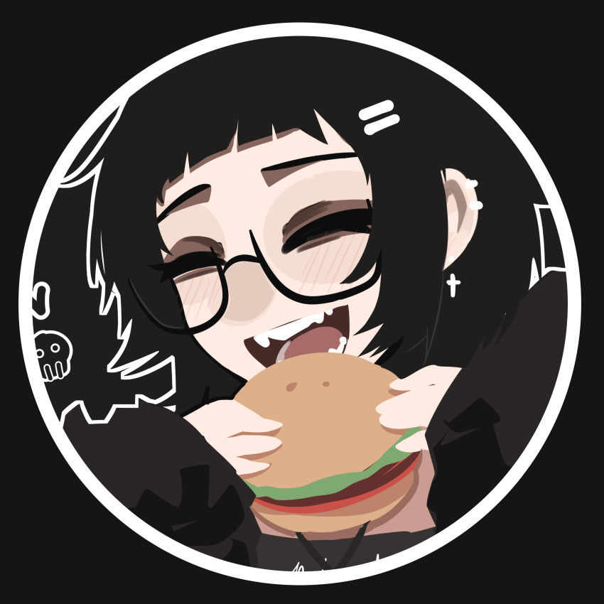1girl, absurdres, black-framed_eyewear, black_background, black_hair, blunt_bangs, border, burger