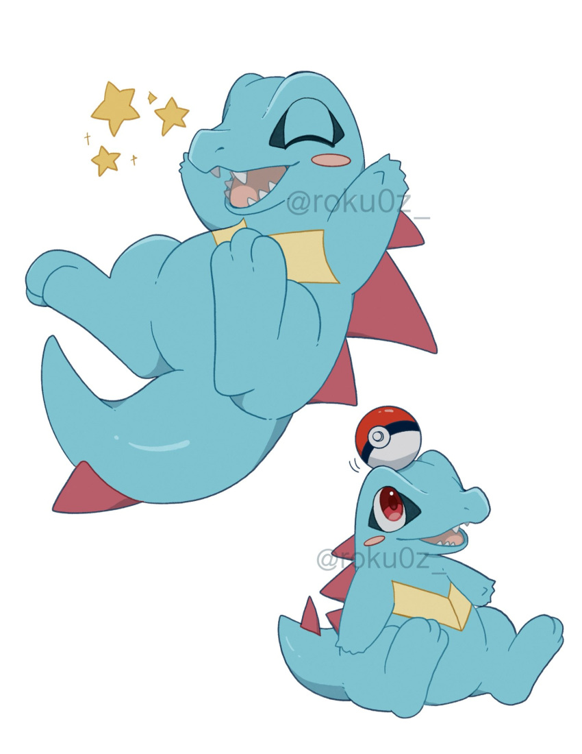 blush, blush_stickers, closed_eyes, fangs, highres, no_humans, open_mouth, poke_ball