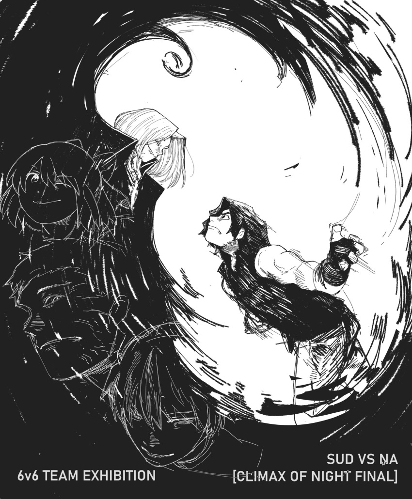 1girl, 4boys, ascot, aura, beffen_m, black_background, black_hair, black_vest