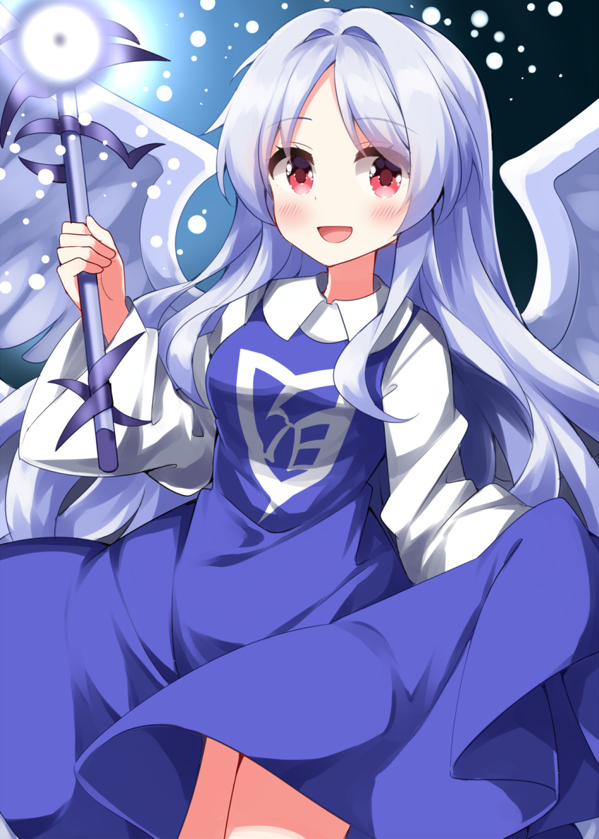 1girl, :d, angel_wings, bare_legs, blue_dress, blue_hair, blue_theme, blush